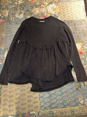 We The Free Waffle Knit Peplum Pullover Crewneck- Black